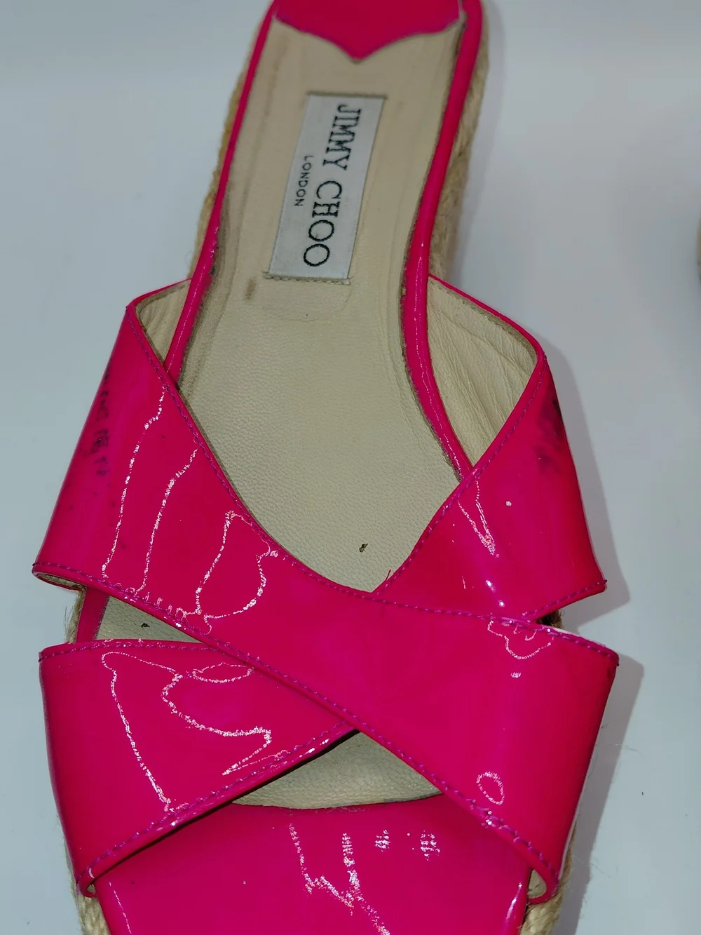 Jimmy Choo Pink Paisley/ Prima Patent Leather Espadrille Wedge Slide Sandals 41